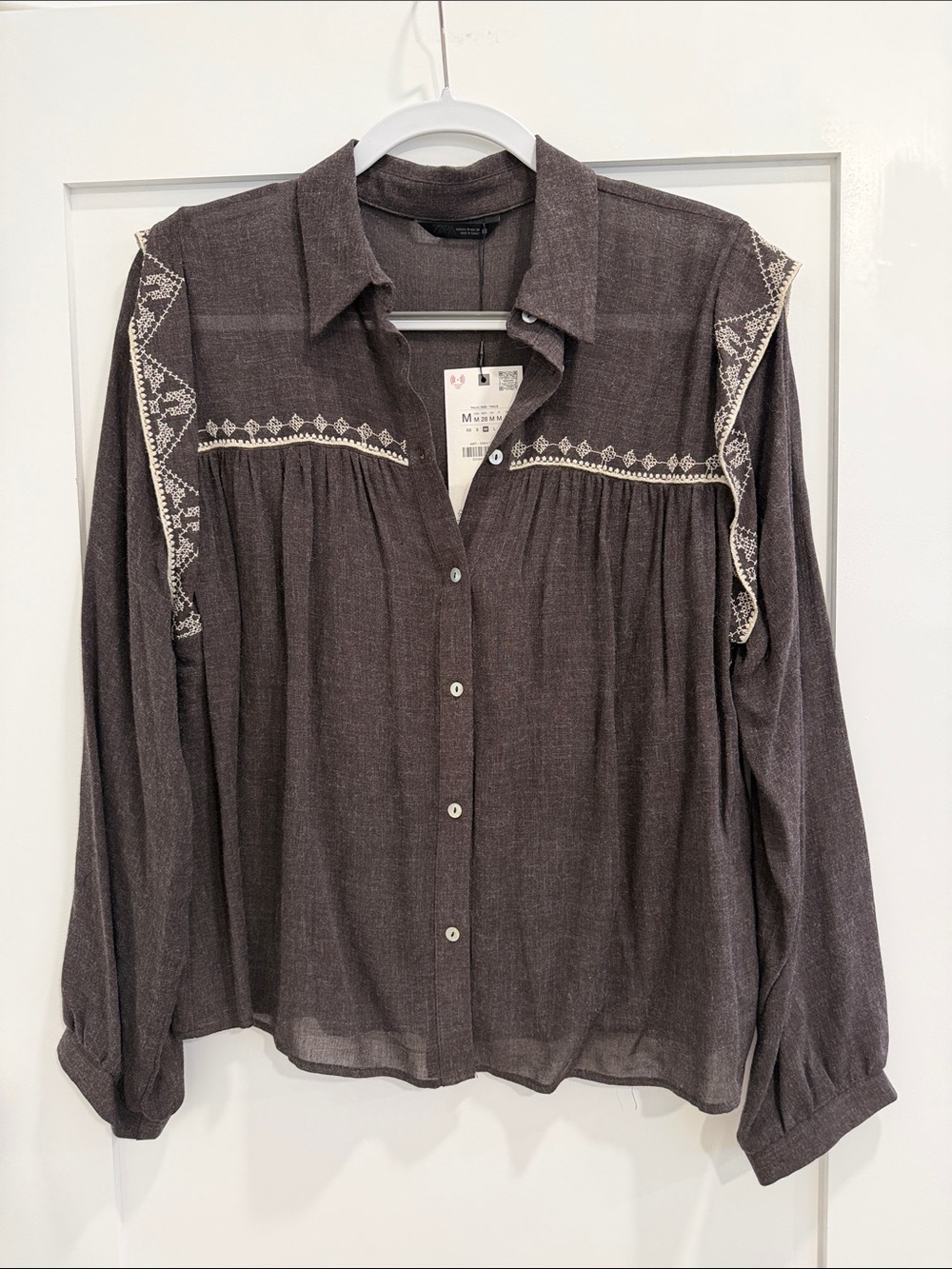 Zara Embroidered Blouse Dark Aubergine Brown Boho Western Long Sleeve M NWT
